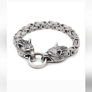 Stainless Steel Wolf Head Bracelet Nordic Viking 9"in Length New Gift box Mens